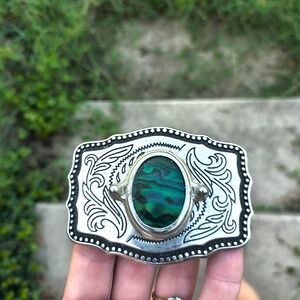 Silver and Green Oval Women's Brooch